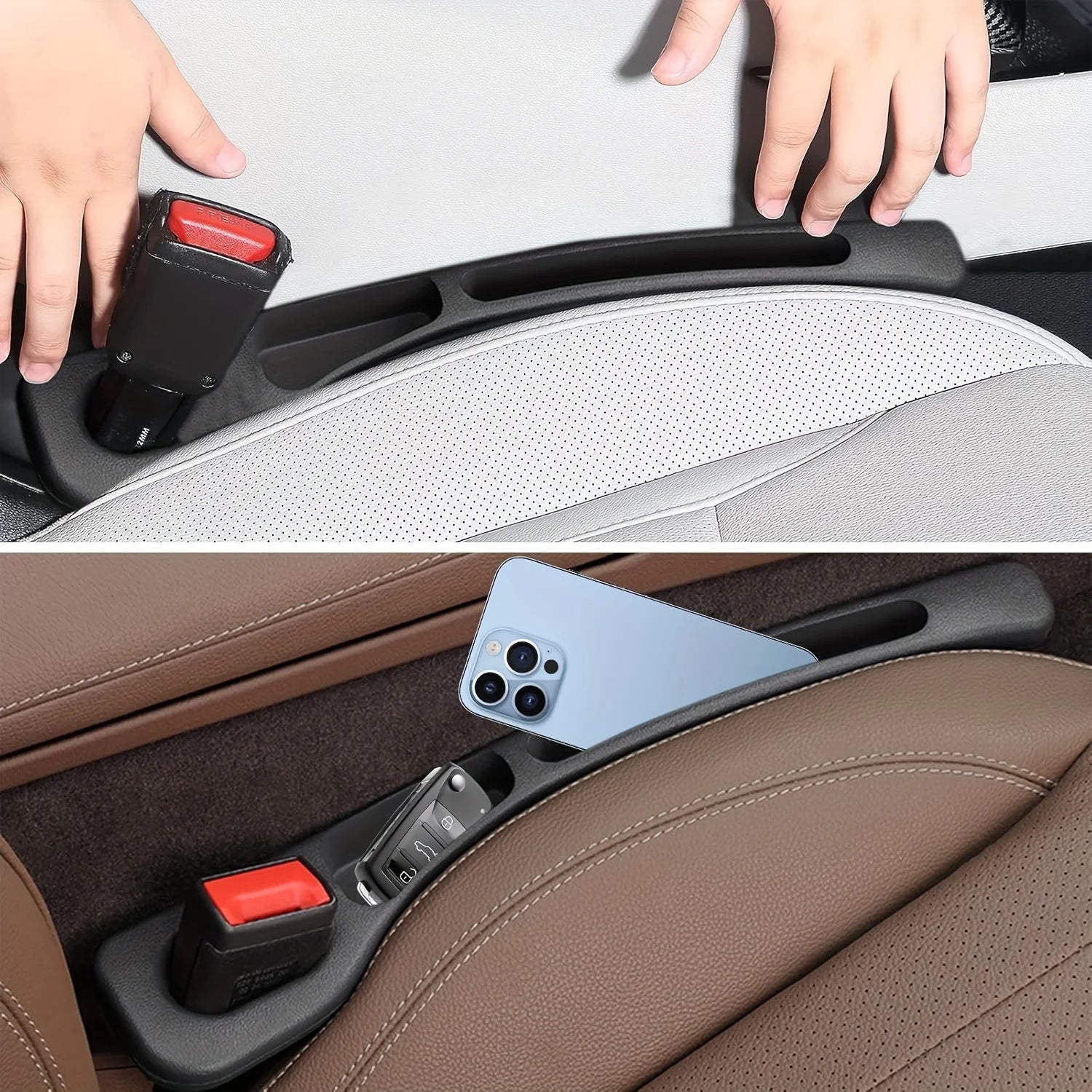 2-Pack Car Seat Gap Filler Organizer - Waterproof PU Storage Strip with Grooves (Black)