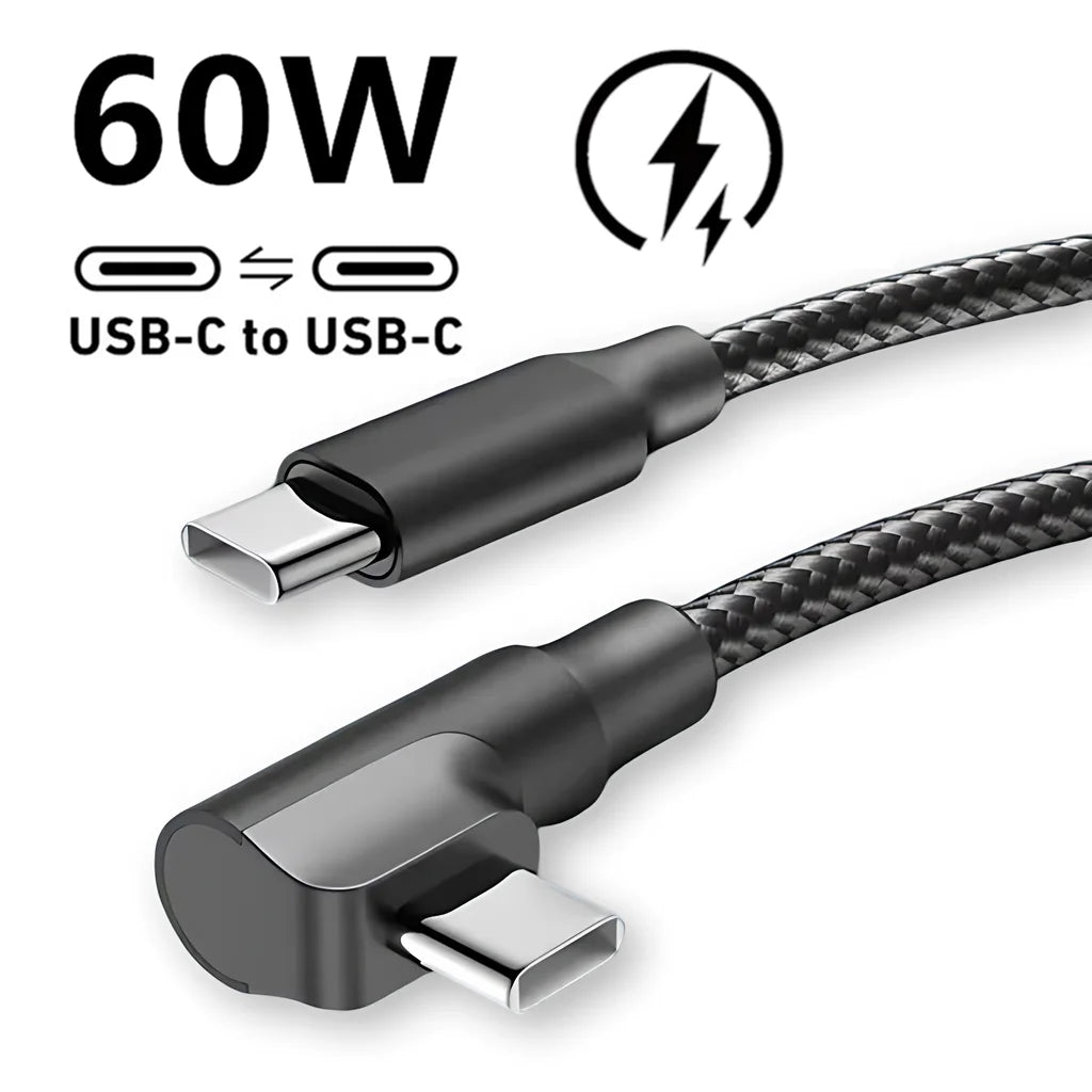 90 Degree Right Angle USB-C to USB-C Cable 60W PD Fast Charging Braided for iPhone 16/15