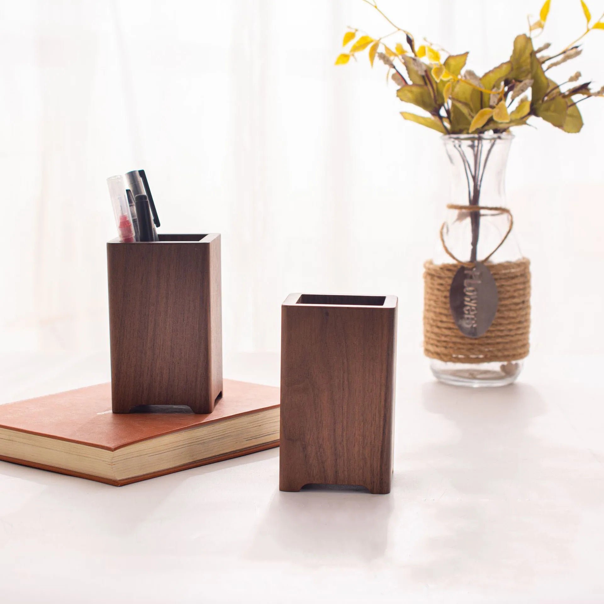 Premium Black Walnut Wood Desk Organizer - Minimalist Pen Holder & Multifunctional Storage Box for Home & Office