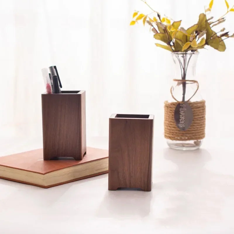 Premium Black Walnut Wood Desk Organizer - Minimalist Pen Holder & Multifunctional Storage Box for Home & Office