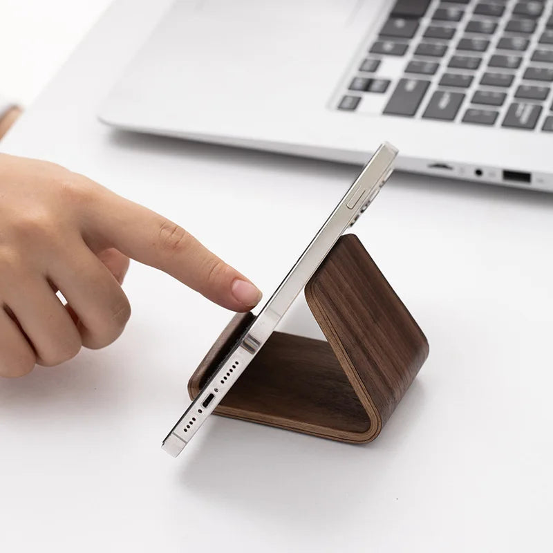 Premium Black Walnut Wood Phone Stand & Business Card Holder - Minimalist Solid Wood Desk Organizer for Home & Office