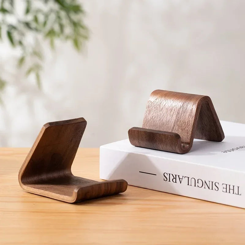 Premium Black Walnut Wood Phone Stand & Business Card Holder - Minimalist Solid Wood Desk Organizer for Home & Office