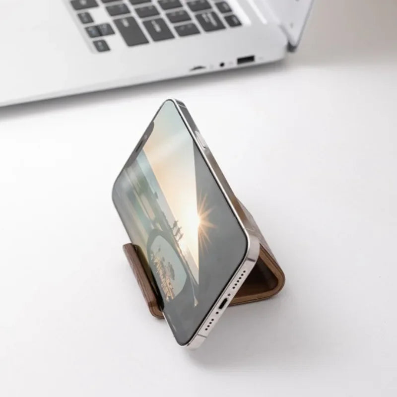 Premium Black Walnut Wood Phone Stand & Business Card Holder - Minimalist Solid Wood Desk Organizer for Home & Office