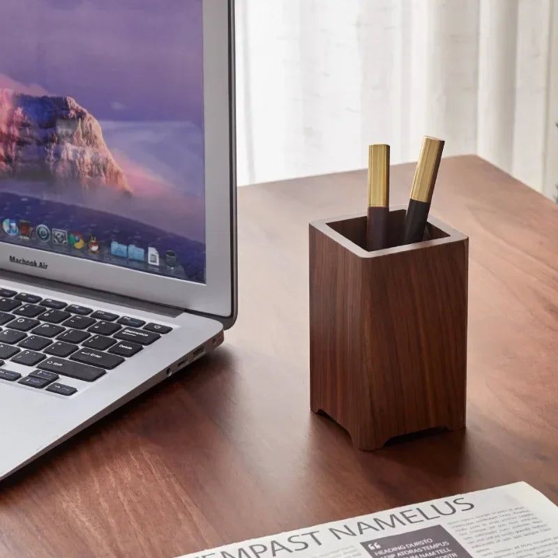 Premium Black Walnut Wood Desk Organizer - Minimalist Pen Holder & Multifunctional Storage Box for Home & Office