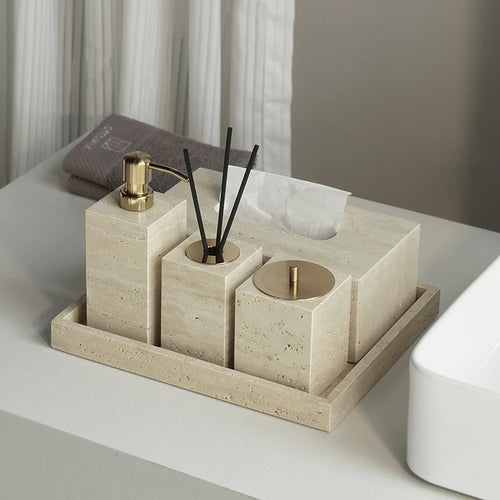 10-Piece Natural Travertine Bathroom Accessories Set - Beige Luxury Stone Vanity Set with Soap Dispenser, Tissue Box, Toilet Brush & More